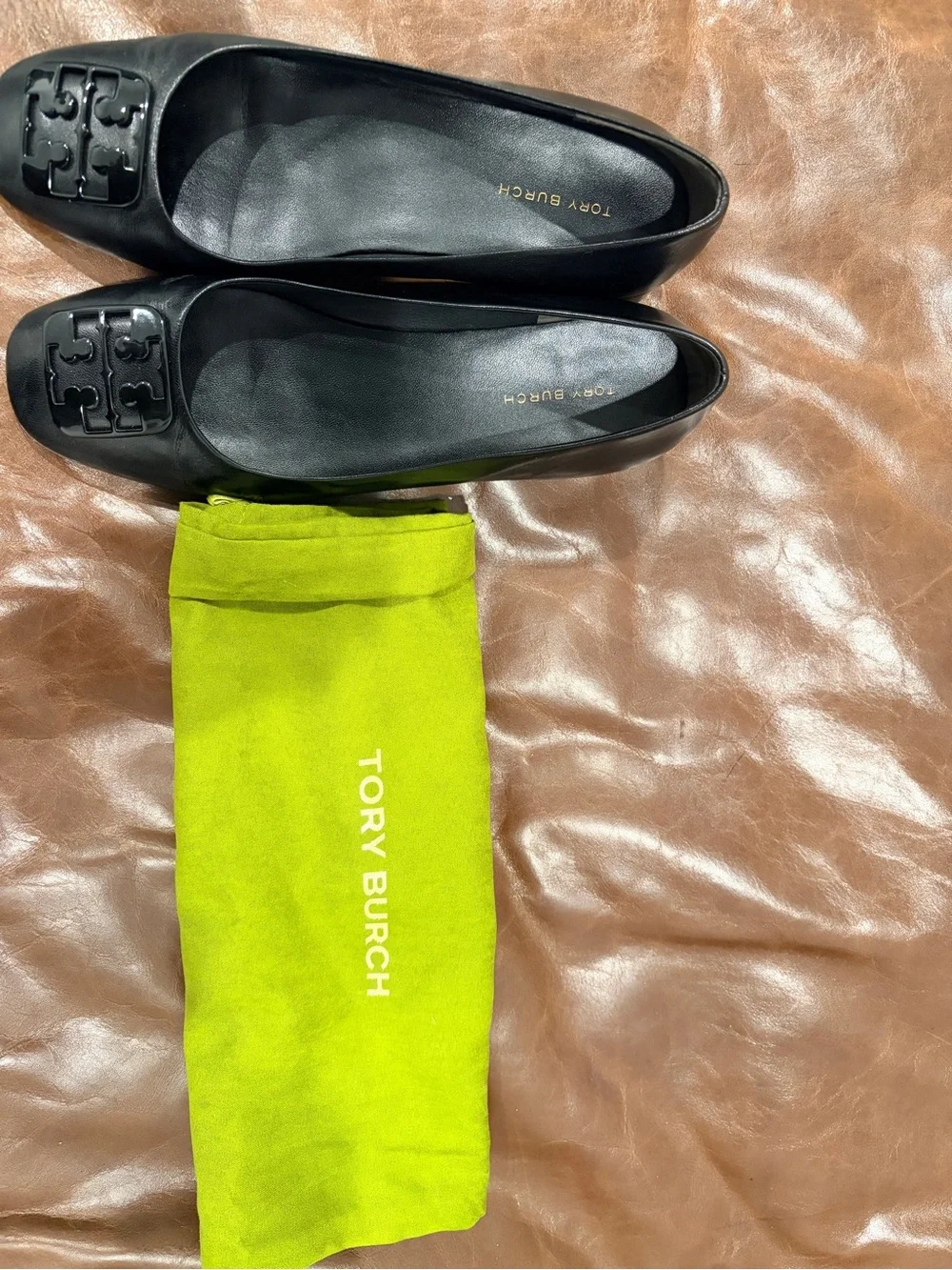Tory Burch Black Leather Logo Square-Toe 1 inch heels
